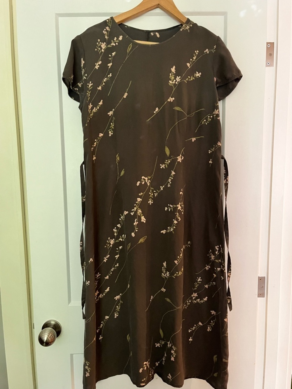 Floral Midi 100% Mulberry Silk Grey/Taupe Cherry Blossom Dress S-M